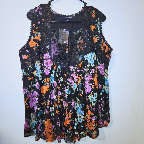 Denim 24/7 Sleeveless Floral Blouse w/ Bib Collar Design | Whimsigoth | Size 14W - Picture 5 of 9
